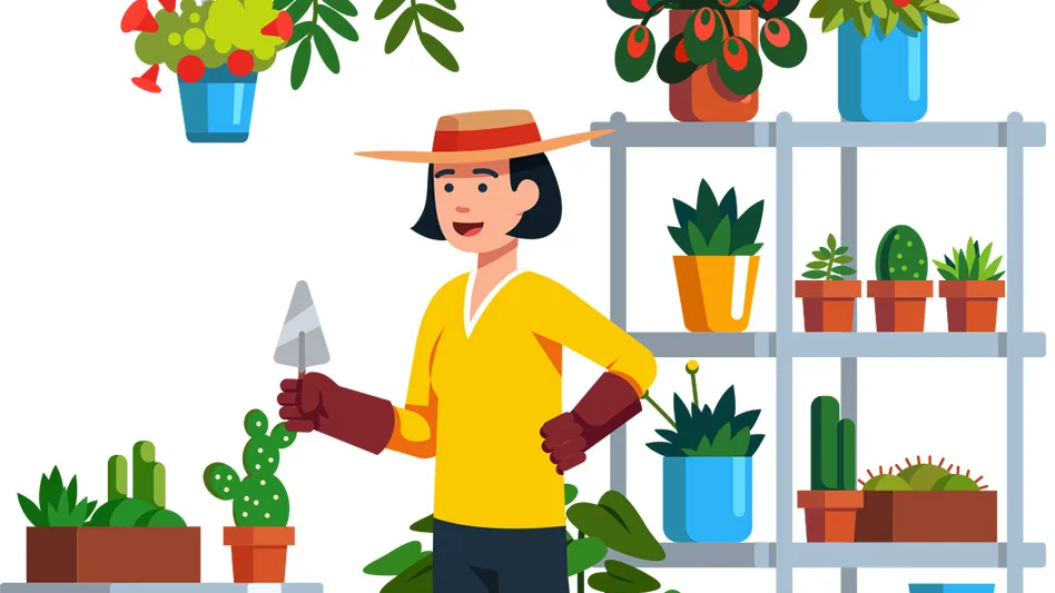 A graphic shows a person holding a trowel standing in front of multiple houseplants on shelves.
