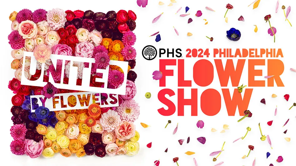 A logo reads PHS 2024 Philadelphia Flower Show United by Flowers in vibrant orange and pink letters. Below the text is an array of pink, orange, yellow and purple flowers.