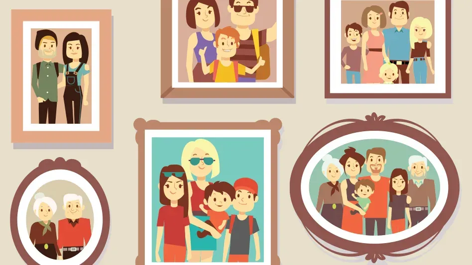 A graphic shows an array of framed family photos.