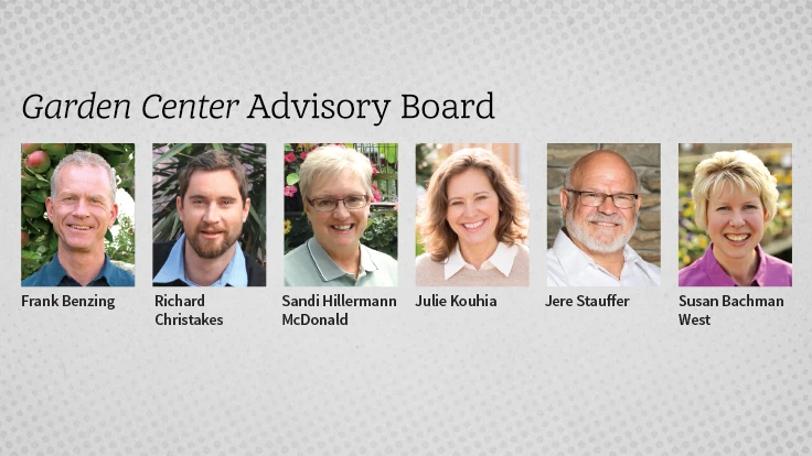 A graphic with six different headshots of white males and females. At the top it reads Garden Center Advisory Board in black letters.