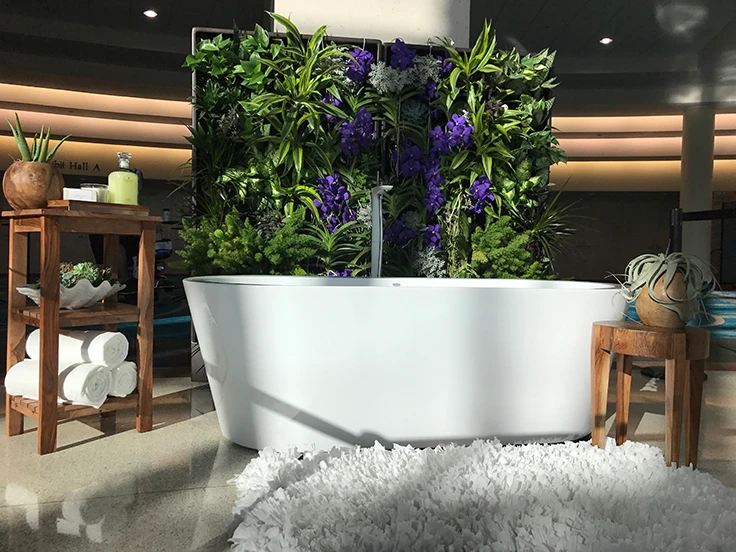 A white bathtub in front of a living plant wall.