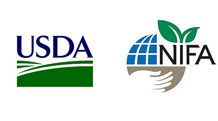 Two logos: On the left is a logo with blue text that reads USDA and a green field below the text. On the right is a logo with black text that reads NIFA, with two green leaves above the text, a blue globe to the left and the outline of a hand below.