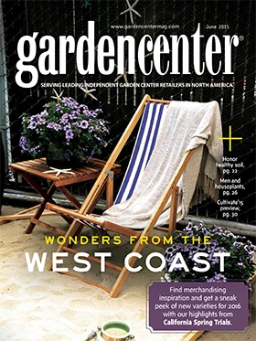 A photo of a magazine cover that reads Garden Center: Wonders from the West Coast, with a wooden beach chair with blue and white striped fabric and a cream towel over it.