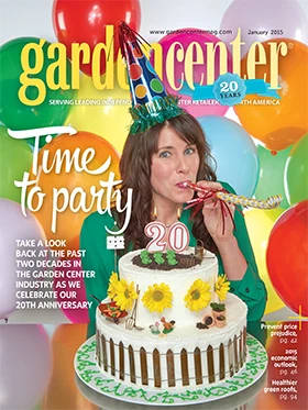 A magazine covers reads Garden Center: Time to party. A woman with a party hat, holding a birthday cake and blowing a streamer is on the cover.