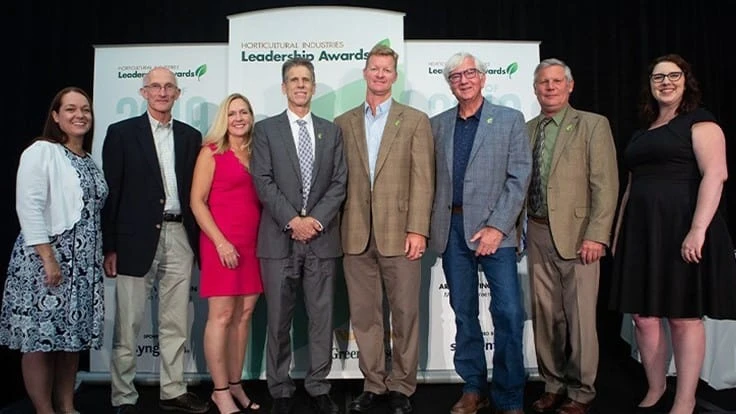 The HILA Class of 2019: From left, Kelli Rodda, editor of Nursery Management magazine, winners Alan Jones, Terri McEnaney, Doug Cole, Art Van Wingerden, Dale Deppe and George Lucas; and editor of Garden Center, Greenhouse Management and Produce Grower magazines Kate Spirgen.