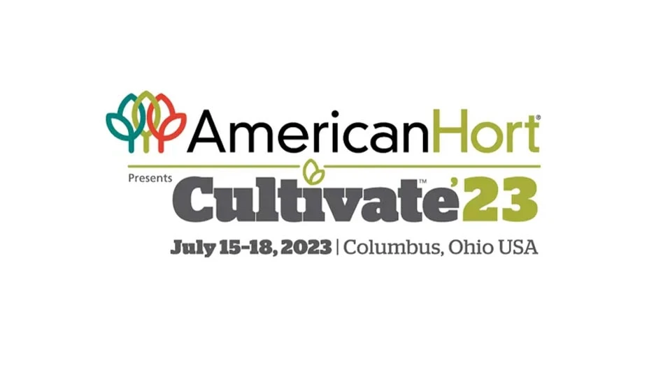 A logo reads AmericanHort presents Cultivate'23 July 15-18, 2023, Columbus, Ohio, USA in green and gray letters, with an outline of blue, green and orange flowers in the top left corner.