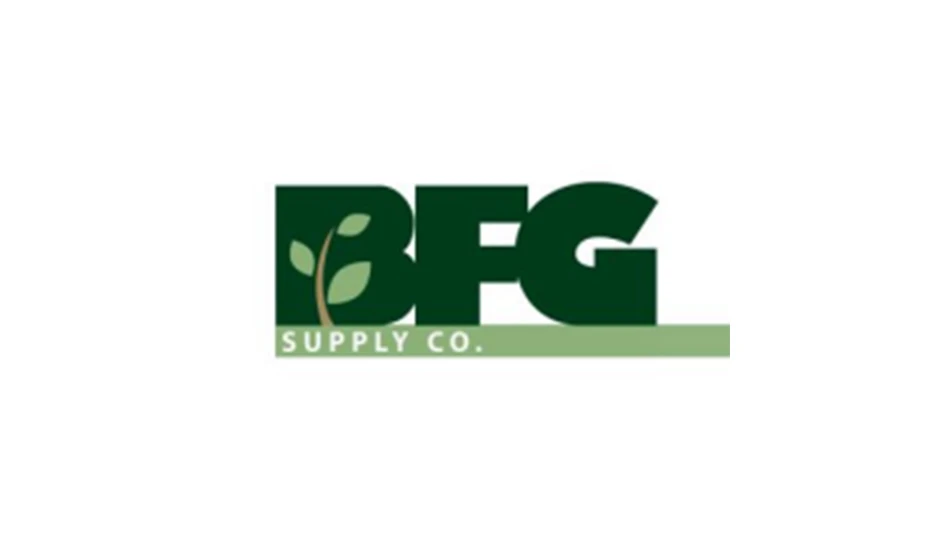 Text reads "BFG" in dark green letters, with a plant with light green leaves and a brown stem making up the spaces in the letter B, with "Supply Co." in white letters underneath in a light green bar.