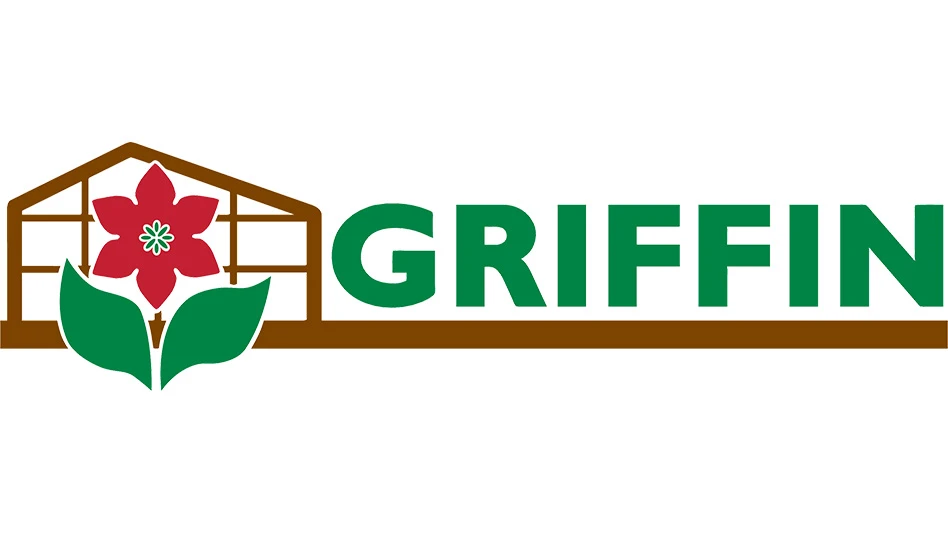 A logo reads Griffin in all capital, dark green letters. To the left is a graphic of an outline of a greenhouse in brown, with a graphic of a red flower with green leaves in front of that. Underneath the entire logo is a brown horizontal line.