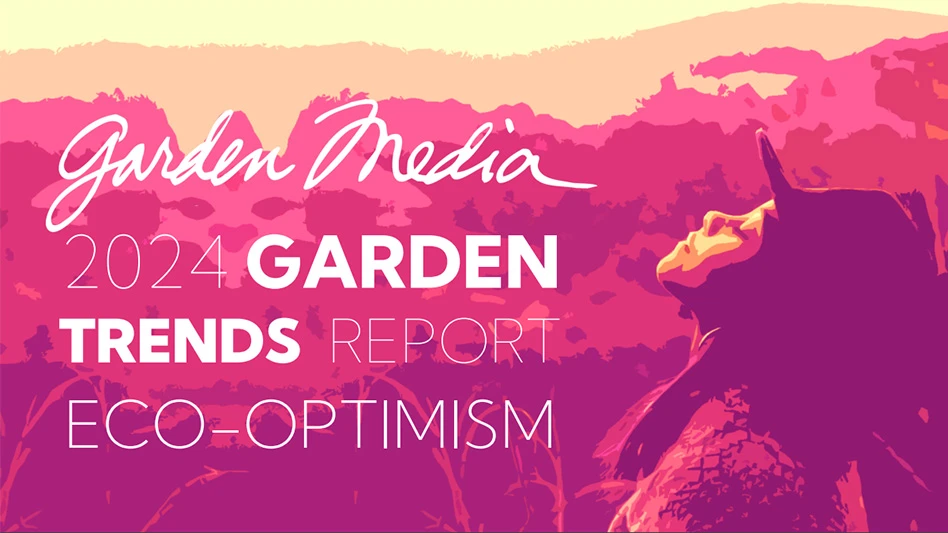 White letters read Garden Media 2024 Garden Trends Report Eco-Optimism. The background is various shades of purples, pinks and peaches, and there's a graphic of a person looking upward on the right of the image in the same color shades.