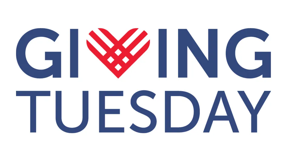 A logo reads Giving Tuesday in dark blue capital letters. The V in Giving is a red heart.