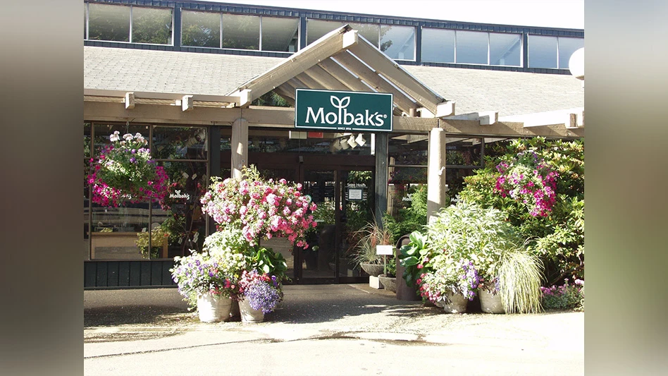 A photo of a storefront with a tan roof and a green sign that reads Molbak's with multiple flowers and plants in pots around the entrance.