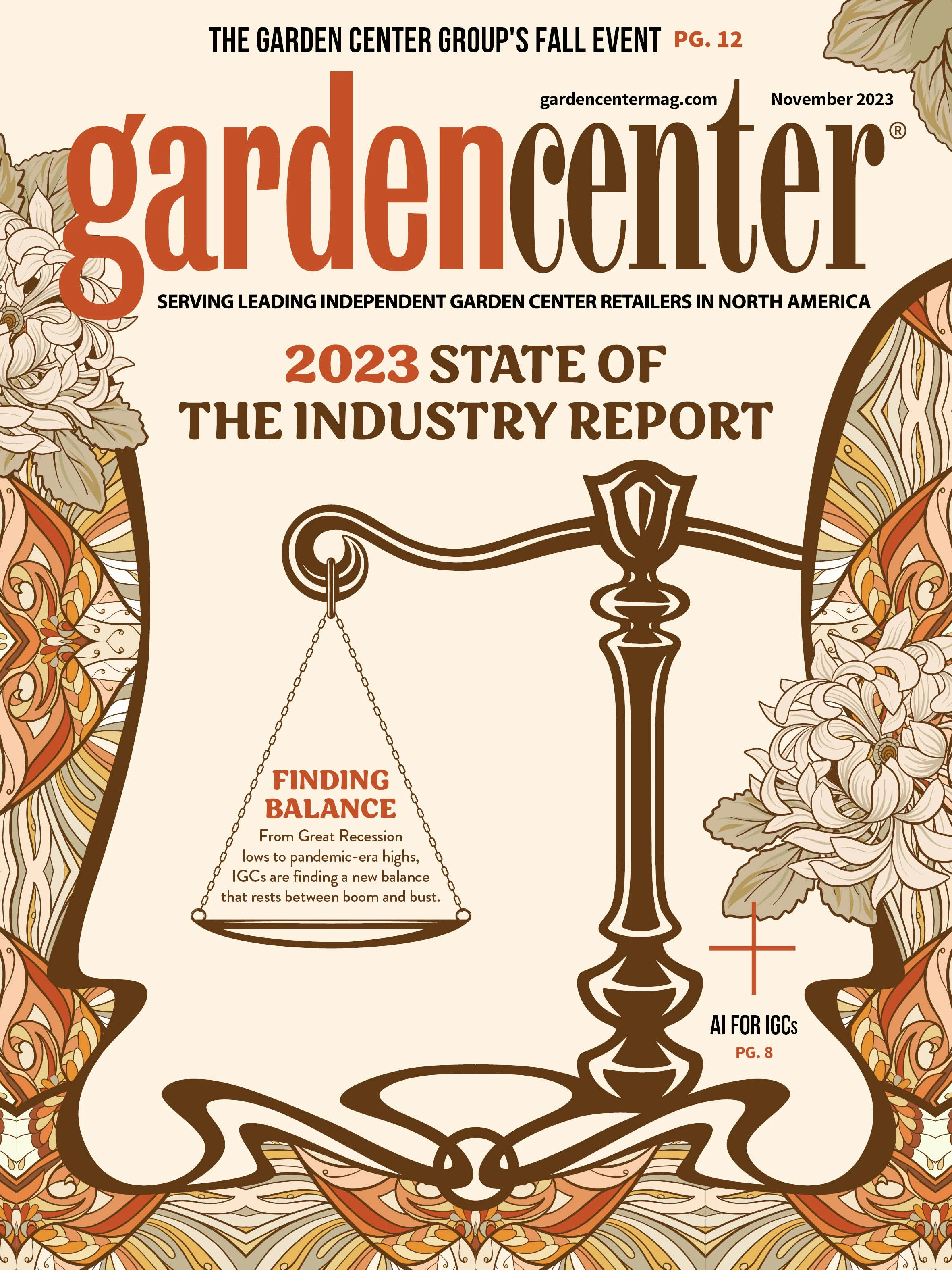 the cover of the October issue of Garden Center magazine, featuring a scale with orange colored flowers and ornamentation.