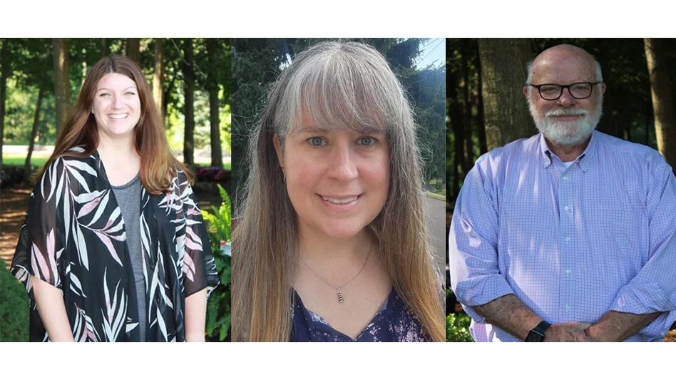 Three photos in a horizontal line: On the left is a smiling woman with long brown hair wearing a gray shirt with a sheer black jacket with white and pink leaves, with trees behind her. The middle photo is a selfie of a smiling woman with long gray hair. The right photo is a smiling bald man with a short white beard wearing black glasses and a light blue plaid shirt with the sleeves rolled up. His hands are clasped in front of him, and trees are visible behind him.