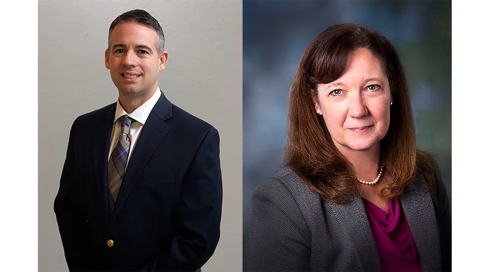 Two photos of individuals. On the left is a smiling man with black hair wearing a navy blue suit jacket, white dress shirt and gray and blue plaid tie. On the right is a woman with shoulder-length brown hair wearing a gray suit jacket, pink shirt and pearl necklace.