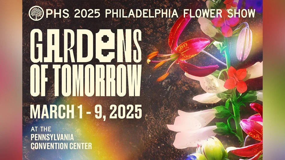 A graphic with cream text reads PHS 2025 Philadelphia Flower Show: Gardens of Tomorrow, March 1-9, 2025, at the Pennsylvania Convention Center. Behind the text is a photo of soil and red and pink flowers with green stems. The graphic looks futuristic, with a subtle rainbow light effect over the image.