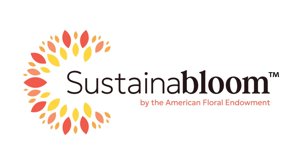 A logo reads Sustainabloom by the American Floral Endowment in dark brown and orange text on a white background. To the left of the text is a graphic of a flower with orange and yellow petals.