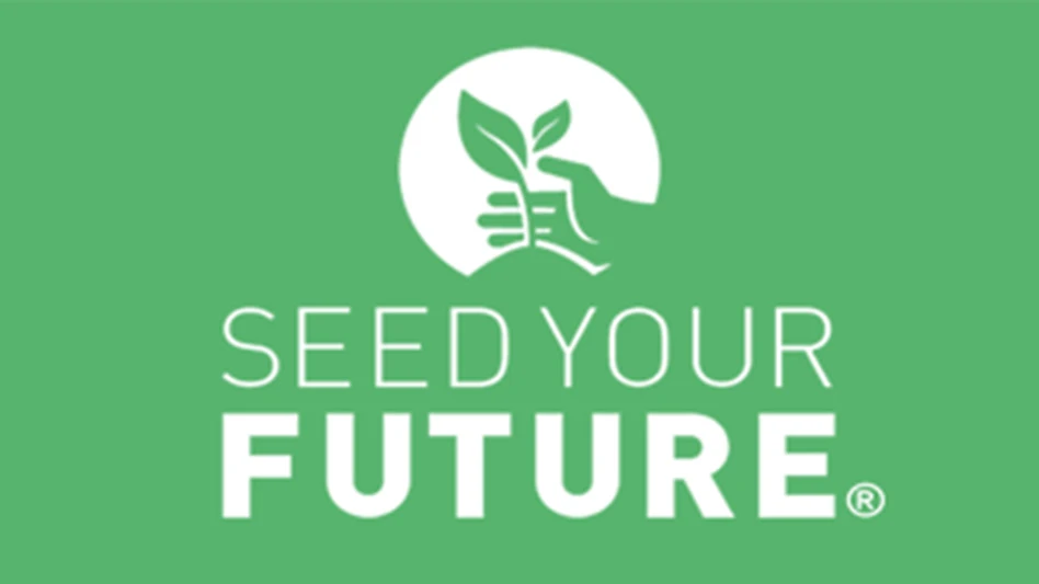 A graphic with white text on a green background that reads Seed Your Future. Above the text is a hand holding a seedling.