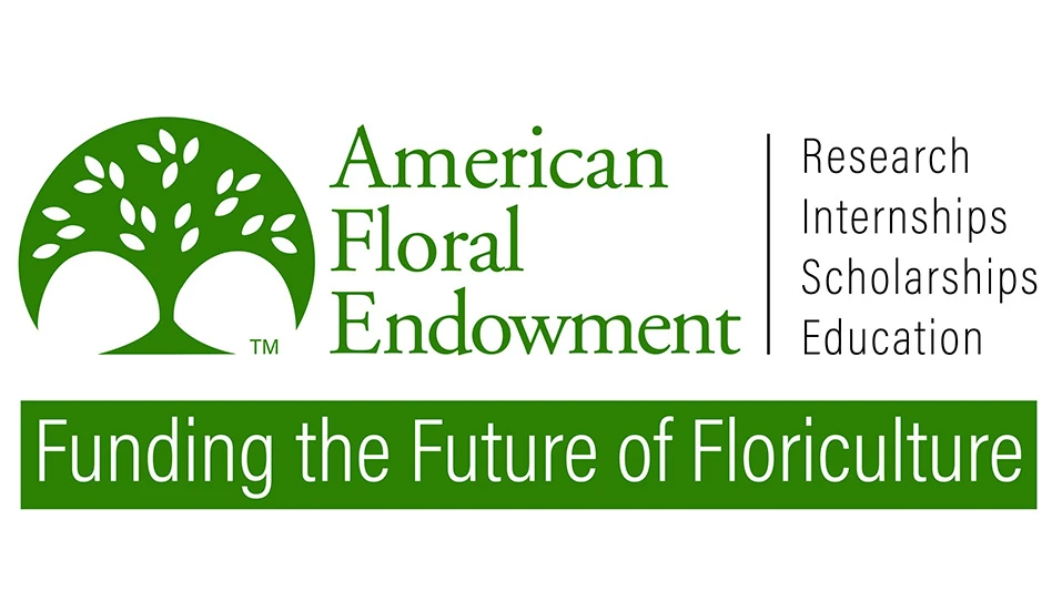 A logo with black, green and white text on a white background reads American Floral Endowment, Research Internships Scholarships Education, Funding the Future of Floriculture. To the left of the text is a graphic of a green tree.