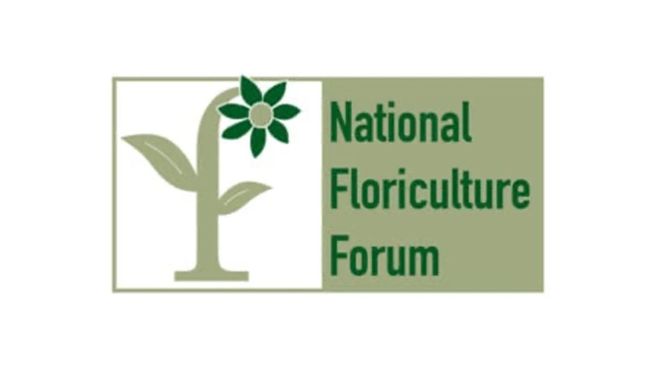 A logo with dark green text on a lighter green background reads National Floriculture Forum. The entire logo is on a white background. To the left of the text is a graphic of a green flower.