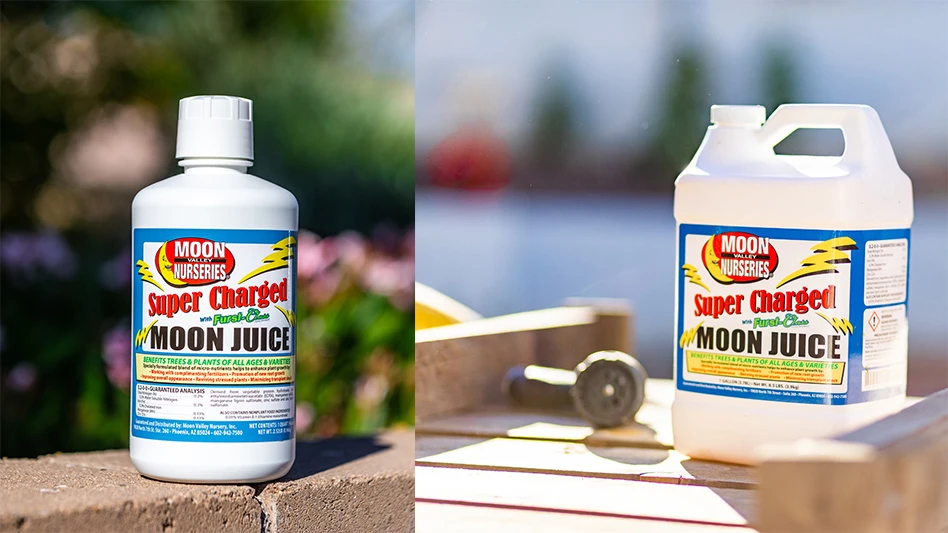 Two side-by-side photos. On the left is a photo of a white plastic cylindrical bottle sitting on a brick wall with a blue, white, red, yellow, green and black label reading Moon Valley Nurseries Super Charged Moon Juice. On the right is a photo of the same product on a brick wall in a square jug.