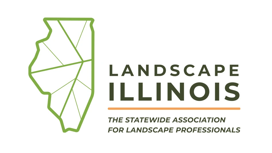 A graphic with dark green text on a white background reads Landscape Illinois, with an orange line underneath, with more dark green text reading The statewide association for landscape professionals. To the left of the text is a light green outline of the state of Illinois.